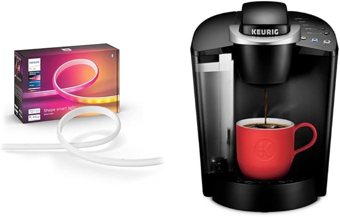 Philips Hue Indoor 6-Foot Smart LED Light Strip Base Kit with Plug - Flowing Multicolor Effect & Keurig K-Classic Coffee Maker K-Cup Pod, Single Serve, Programmable, 6 to 10 oz. Brew Sizes, Black