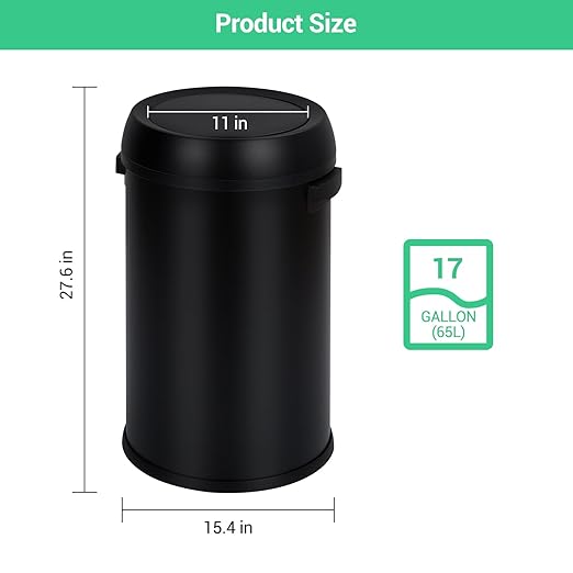 Garvee 17 gal/65 L Trash Can, Fingerprint-Proof Stainless Steel Swing Top Garbage Can, Heavy Duty Commercial Round Trash Bin with Swing Lid for Restaurant, Home, Office, Black