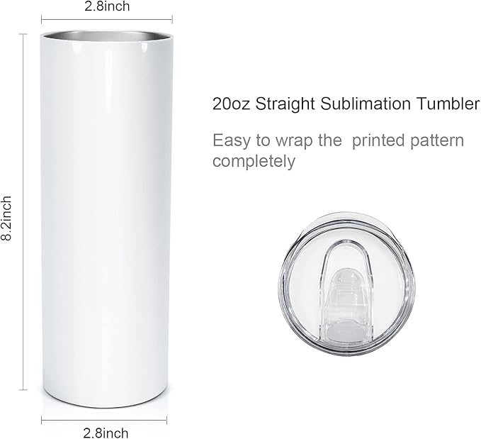 AGH 50 Pack Sublimation Tumblers Blank 20 OZ Straight Skinny Tumbler with Straw, Stainless Steel Double Wall Insulated Tumbler for Tumbler Press Machine
