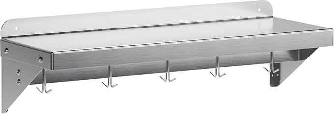 12" x 24" NSF Certified Stainless Steel Wall Mount Shelf - Multifunctional Metal Storage Rack with Backsplash and 5 Hooks