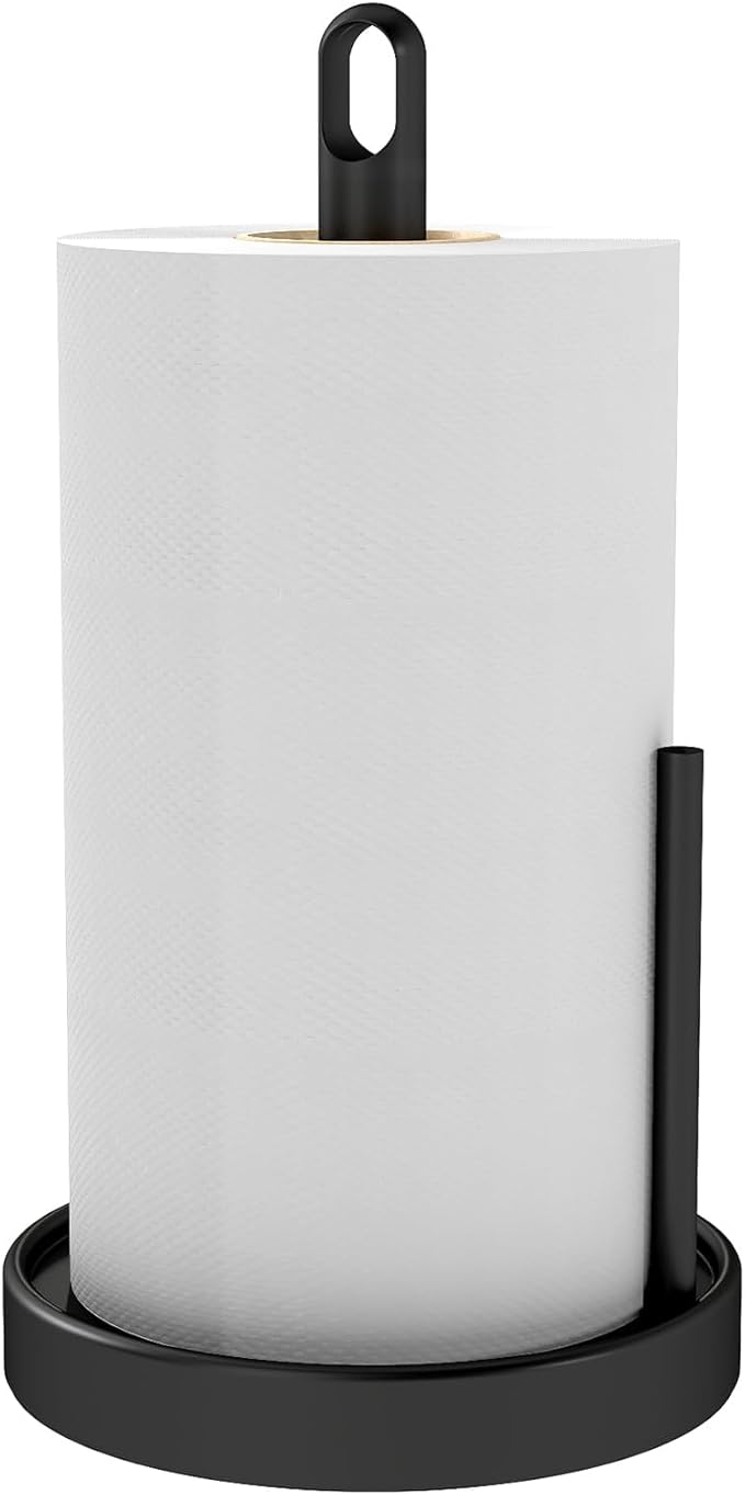 STWWO Paper Towel Holder Countertop, Black Paper Towel Holder with Anti Slip Weighted Base, Stainless Steel Heavy Duty Freestanding Papertowel Holder for Bathroom, Kitchen Roll Holder