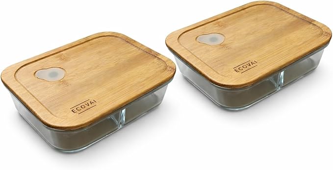 Glass Meal Prep Containers 3 Compartment with Bamboo Lids (2 Pack), Bento Box Lunch Container, Portion Control Food Storage, Borosilicate Glass, Microwave Safe (Base), Eco-Friendly