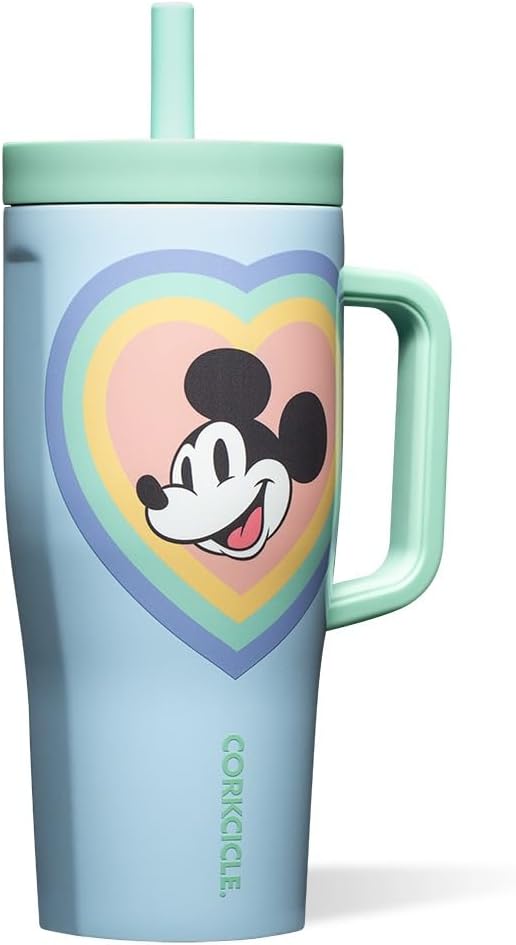Corkcicle Cruiser Insulated Tumbler - Stainless Steel Tumbler with Handle & Straw, Leak Proof for Cold Drinks, Triple Insulated Spill Proof Cupholder Friendly BPA-Free 22oz Disney Mickey Retro Rainbow