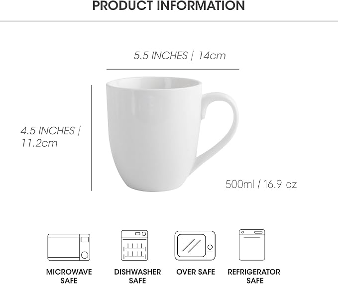 16OZ Ceramic Coffee Mugs Set, Large White Coffee Cups with Handles, Porcelain Mug Sets for Tea, Milk, Latte, Mocha, Cocoa, Cappuccino, Dishwasher Safe, Cups Gift for Holiday & Anniversary (6PCS)
