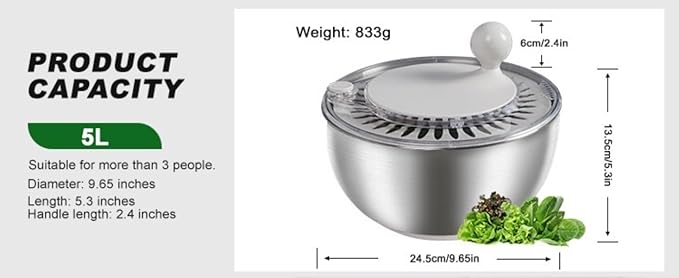 Stainless Steel Salad Spinner, 5L Capacity Vegetable Washer, Lettuce Dryer with Non-Slip Base and Stop Button, 9.65 Inch Diameter Salad Bowl Fruit Washer