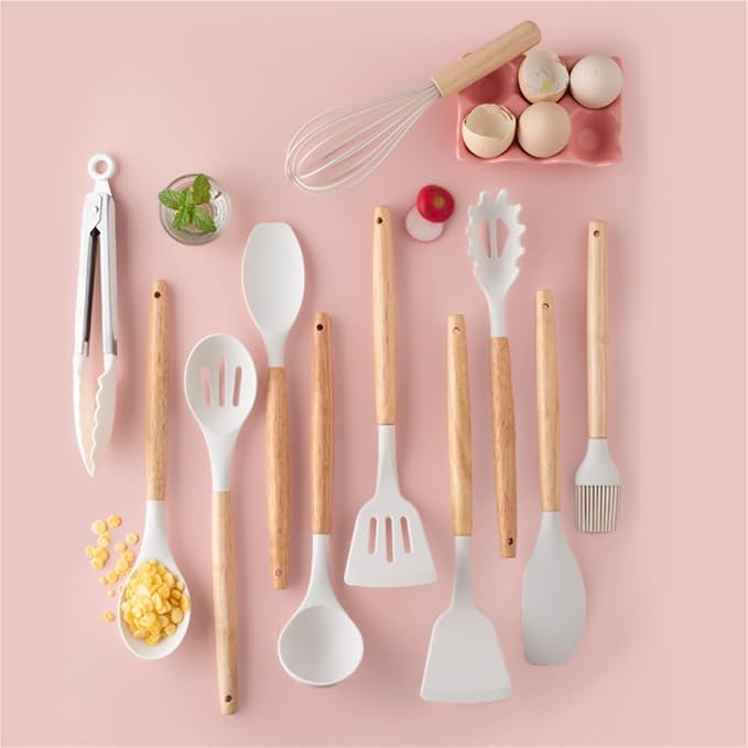 19 Pieces Kitchen Utensil and Knife Set with Block, with 11 Piece Silicone Cooking Utensils, 5 Pcs Sharp Stainless Steel Chef Knives Scissors Whisk Tongs and Cutting Board Beige