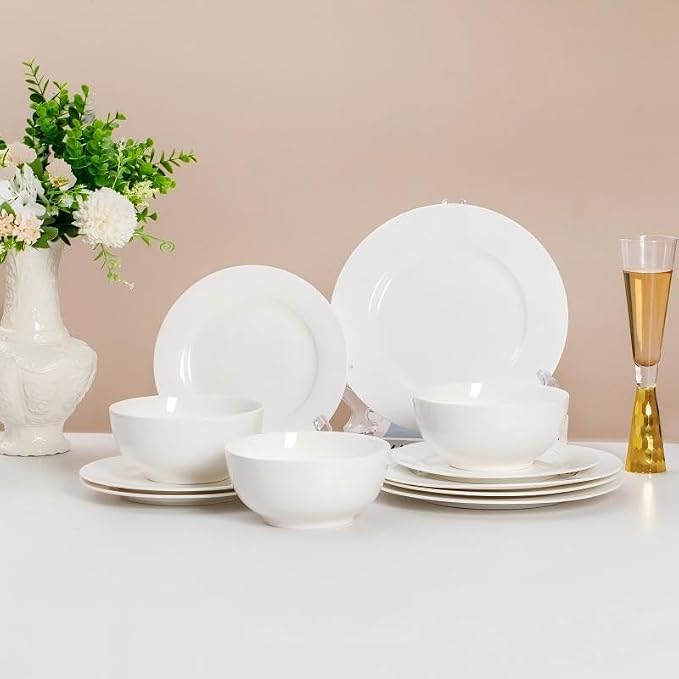 FHGNYSM Vintage Dinnerware Set for 4, 12-Piece Elegant Bone China Look Porcelain Plates and Bowls Set, Ivory Pattern Dish Set for Kitchen, Wedding and Housewarming Gift