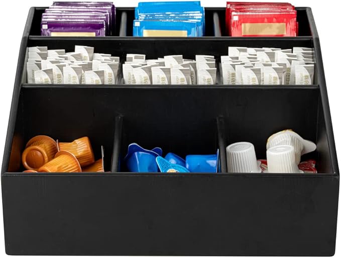 Restaurantware-11.75 x 5.5 Inch Coffee Condiment Organizer, 1 Square Creamer Organizer - 9 Compartments, Break-Resistant, Black Bamboo Coffee Accessory Caddy, Won't Chip, For Sugar Packets & Creamers