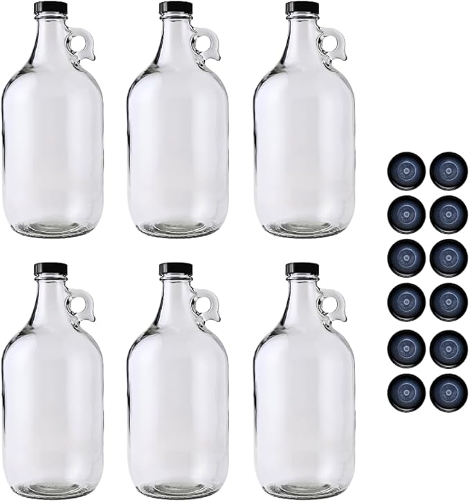 Fastrack 6-Pack Half-Gallon Glass Jug Set (64 oz) w/18 Polyseal Caps | Multipurpose Half Gallon Jug, & Detergent Dispenser for Laundry, Glass Jar for Liquids, Water & Juice