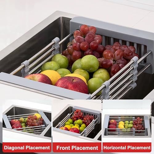 Adjustable Stainless Steel Over Sink Dish Drying Rack, Multi-Purpose Kitchen Organizer for Plates, Bowls & Fruits - Space-Saving Drain Basket (Gray, X-Large)