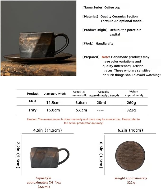 Japanese Style Handmade Ceramic Coffee Mug Set with ceramic Saucer & Stainless steel stirring spoon - 7.4 fl oz Retro Pottery Tea Cup for Espresso, Office, Home -Eco-Friendly & Heat Insulated Cups