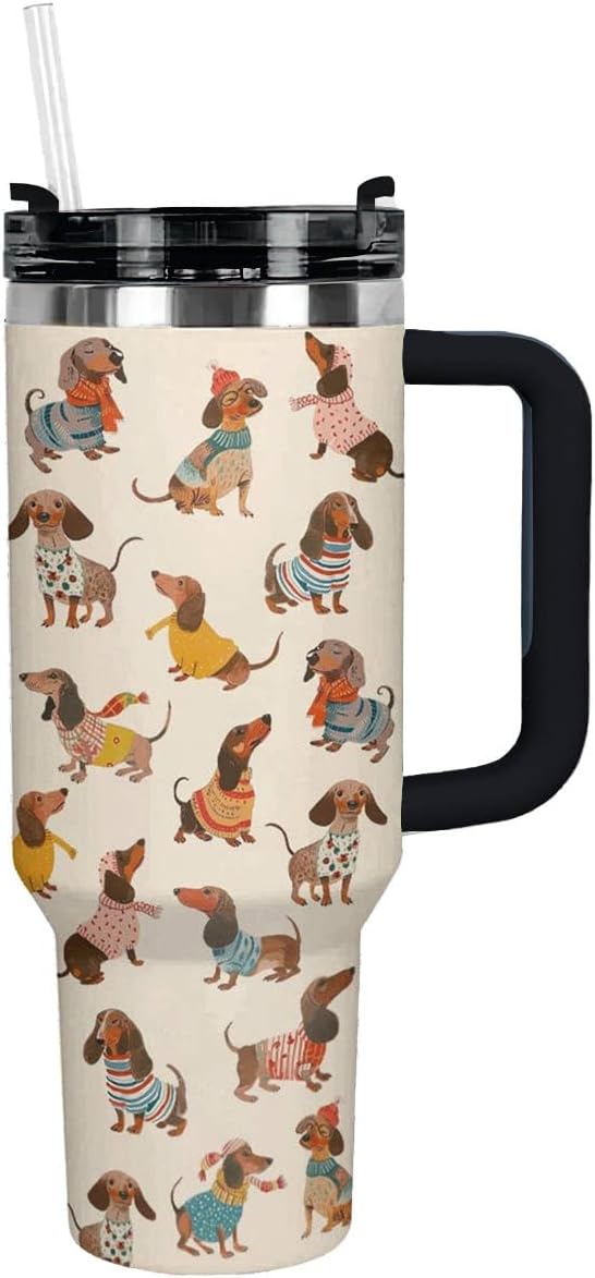 40 oz Tumbler with Handle and Straw Lid | Insulated Cup Reusable Stainless Steel (Dachshund 1)