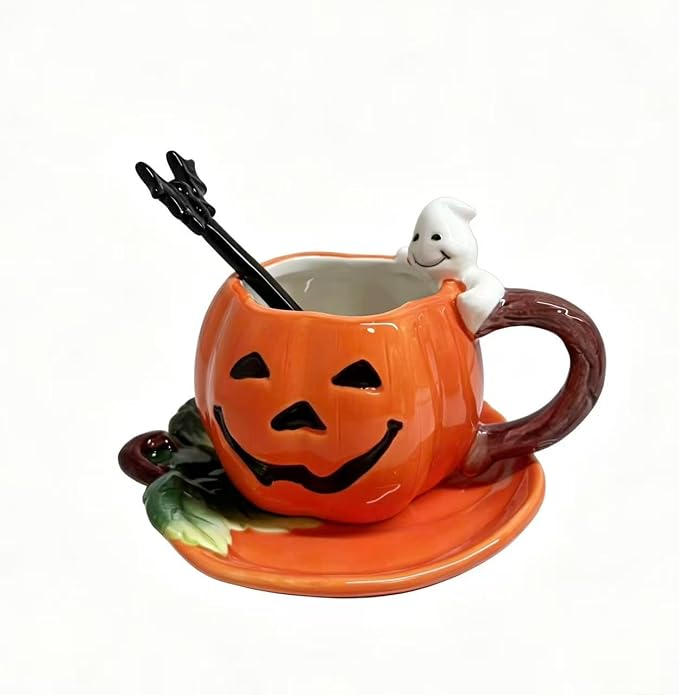 Ceramic Tea Cup and Saucer Set ，6oz 3D Hand-painted Pumpkin and White Ghost Coffee Mug ，Halloween Home Decoration，Gift