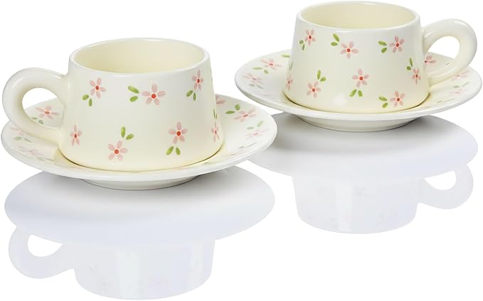Tea Cup and Saucers, 9.5 oz Floral Tea Cups, Porcelain Teacup, Coffee Cappuccino Espresso Latte Mugs, Floral Design for Party Birthday Cafe Home, Christmas Gifting, flowers Set of 2