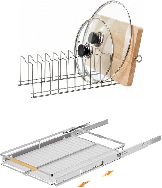 SANNO Pot Lid Organizer Pot Lid holder, Pots and Pans Organizer Drawer Plate Organizer Expandable Pull Out Cabinet Organizer Kitchen Sliding Shelf Under Sink Shelf