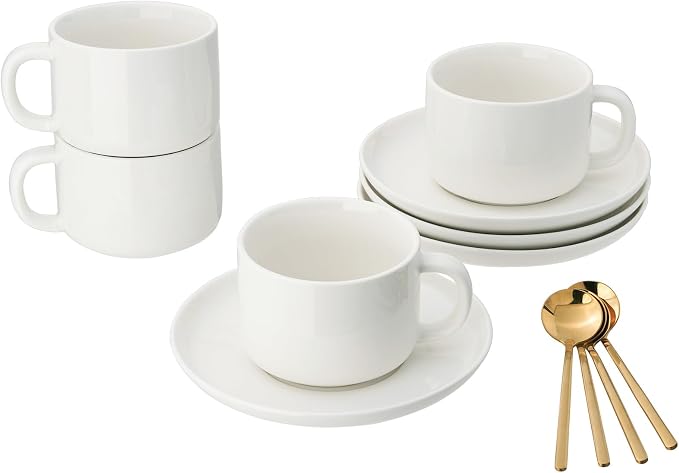 8oz Cappuccino Cups Set of 4, Tea Cups with Saucers and Spoons, White Ceramic Tea Cups Set Coffee Mugs for Tea Cappuccino Espresso Latte Mocha Au Lait Macchiato Cafe