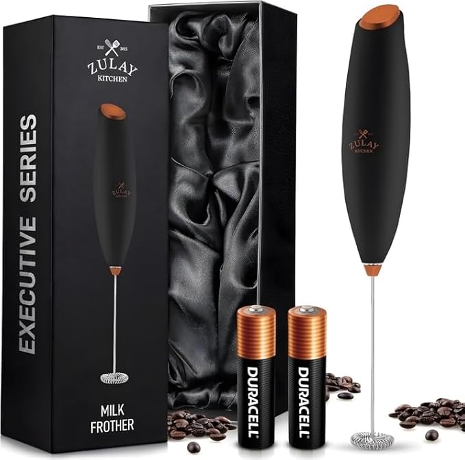Zulay Milk Frother Wand – Handheld Electric Coffee Frother, Battery Operated Drink Mixer – 13,000 RPM Titanium Motor, Detachable Whisk, Easy Clean Foam Maker for Latte & Matcha – Exec Black n Copper