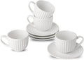 Hasense 4 Oz Espresso Cups with Saucers Set of 4, Ribbed Cappuccino Cups Ceramic for Coffee,Espresso,Double shot,Latte and Macchiato, Demitasse Cups Set Aesthetic Gift, White