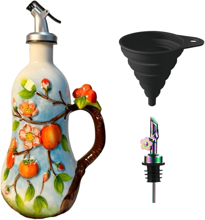 18.26oz/540ml Ceramic Olive Oil Dispenser Bottle,Hand Painted Reliefs Oil Dispenser for Kitchen,Oil Bottles for Kitchen (Persimmon)