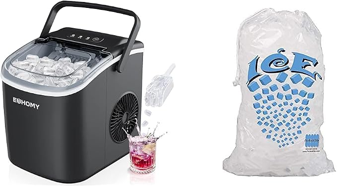 EUHOMY Countertop Ice Maker - with Handle, 26lbs in 24Hrs, 9 Ice Cubes Ready & Perfect Stix Plastic Ice Bags 10 Lb. with Cotton Draw String Closure Pack 50 Bags.