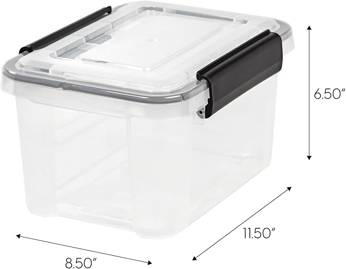 Clear Plastic Storage Bin with Airtight Latching Lid, Stackable Waterproof Organizer for Food, Office Supplies, and Household Items, Black Clasps
