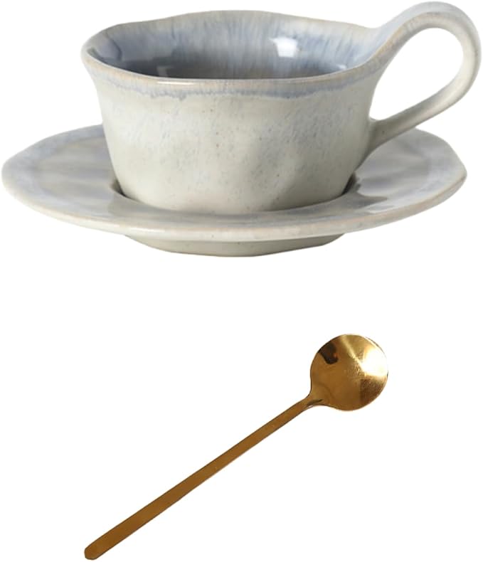 Japanese Raku Porcelain Ceramic Coffee Mug Set 5.4 fl oz with Saucer & Spoon - Handmade Modern Tea Cups for Espresso, Latte, Cappuccino - 2 Color (White&Blue, Brown&Yellow) (White + blue)