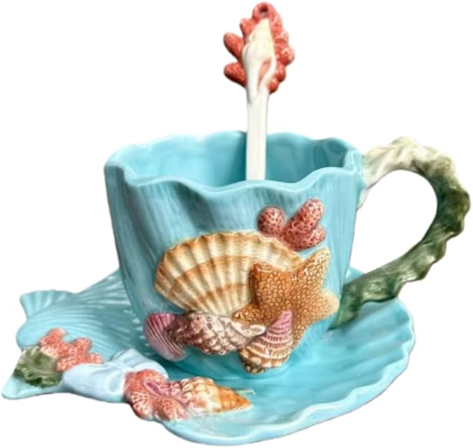 Coastal Seashell Starfish Ceramic Cup and Saucer Set - 3D Hand-Painted Ocean Themed Mug with Seashell-Shaped Saucer, Tableware for Coffee/Tea Lovers