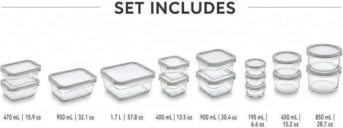 Glasslock Transparent 28 Piece Small Oven and Microwave Safe Glass Food Storage Containers Set for Small Snack and Meals with Removable Lids, Clear