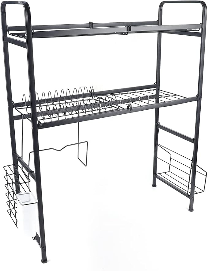Stainless Steel Kitchen Storage Organizer Rack,Dish Drying Rack, 2 Tier Over The Sink Dish, Plate, Cup Drying Rack,Dish Drainer Storage Rack for Chicken Counter (Black)