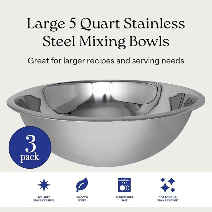 WHYSKO® Large Mixing Bowls, Set of 3 Stainless Steel 5 Quart Bowls for Restaurants, Food Service, Caterers and Home Kitchen Use, Rust Proof Bowls Great for Meal Prep, Baking, Serving, Food Storage