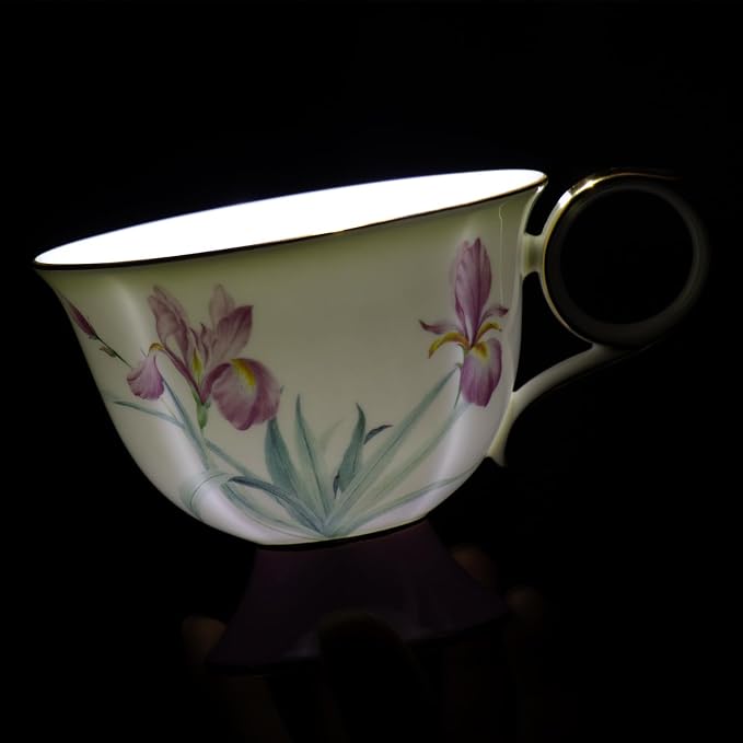 KAMMAK Ceramic Coffee Cups Saucers Set of 2, Porcelain Espresso Cups with Saucers, 8.45 oz Handcrafted Elegant Bone China Tea Cups, Iris Flower & Butterfly Pattern Teacup for Party, Office, Gift