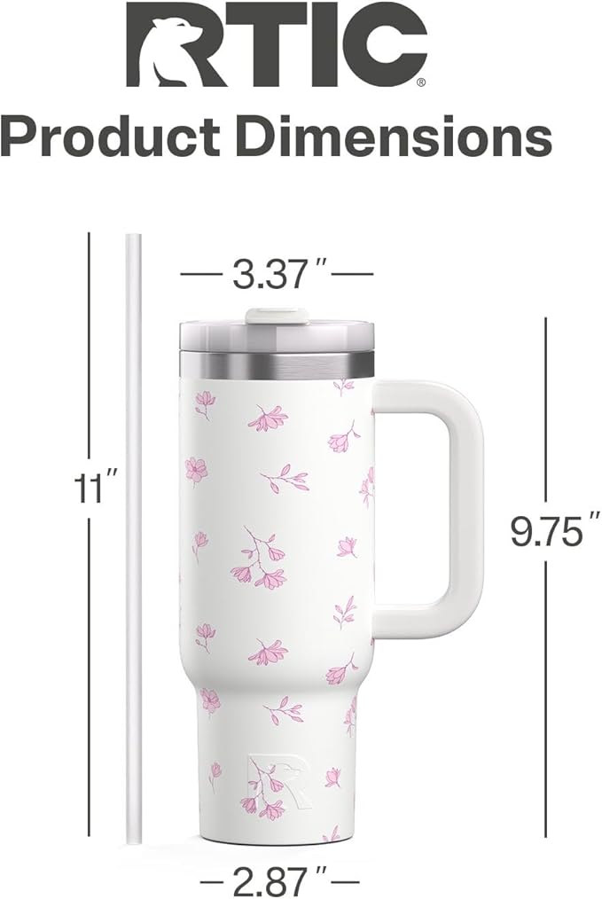 RTIC 30 oz Road Trip Tumbler Double-Walled Ceramic Lined InsulatedStainless Steel Portable Travel Coffee Mug Cup with Lid, Handle and Straw, Pink Magnolias