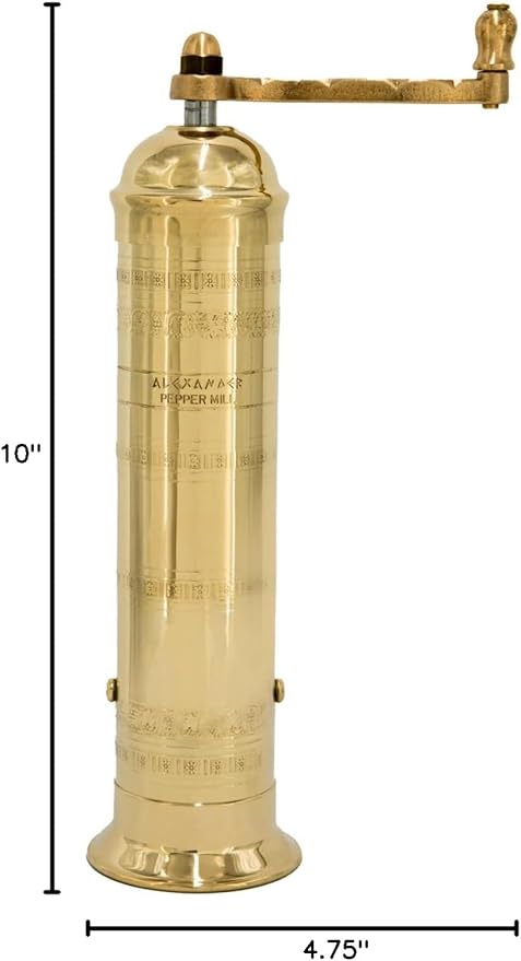 Alexander Home The Original Greek Pepper Mill 10 Inch Tall | European Pepper Mill Grinder with Crank Handle | Manual Pepper Grinder | Peppercorns Refillable - Brass