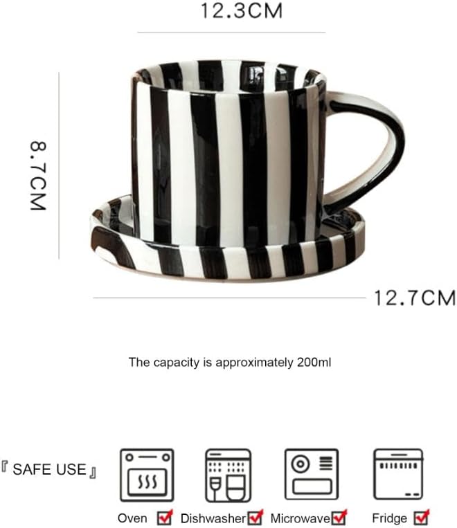 Cup and Saucer Set Hand-Painted Black Stripes, 8 Oz Ceramic Coffee Mug, Espresso Cups, Porcelain Coffee Cup for Cappuccino, Espresso, Coffee, Tea, Cafe Mocha, Latte, Set of Cup Gift for Coffee Lover
