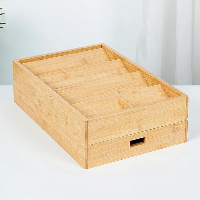 Bamboo Expandable Flatware Drawer Organizer Stackable Bamboo Silverware Drawer Organizer – 2-Tier Kitchen Utensil Tray with Compartments, Flatware Organizer for Spoons