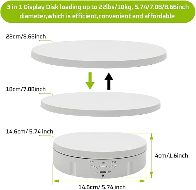 JAYEGT 3 in 1 Motorized Rotating Display Stand with 5.74/7.08/8.66 inch Replacement Cover，Max 22lbs Load , 3D Models, Cake -White