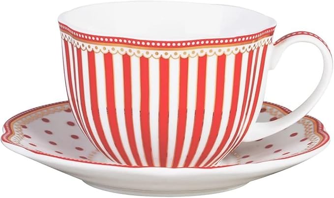 Red Dot Stripes Scallop 9-Ounce Porcelain Tea/Coffee Cup and Saucer, Set of 2