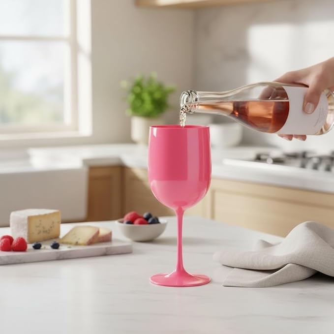 FOX & GRAPES Plastic Stemmed Wine Glasses | Unbreakable/Shatterproof, Reusable, Food Safe, Dishwasher Safe, For Birthday and Party, 16oz (Pink, Set of 6)