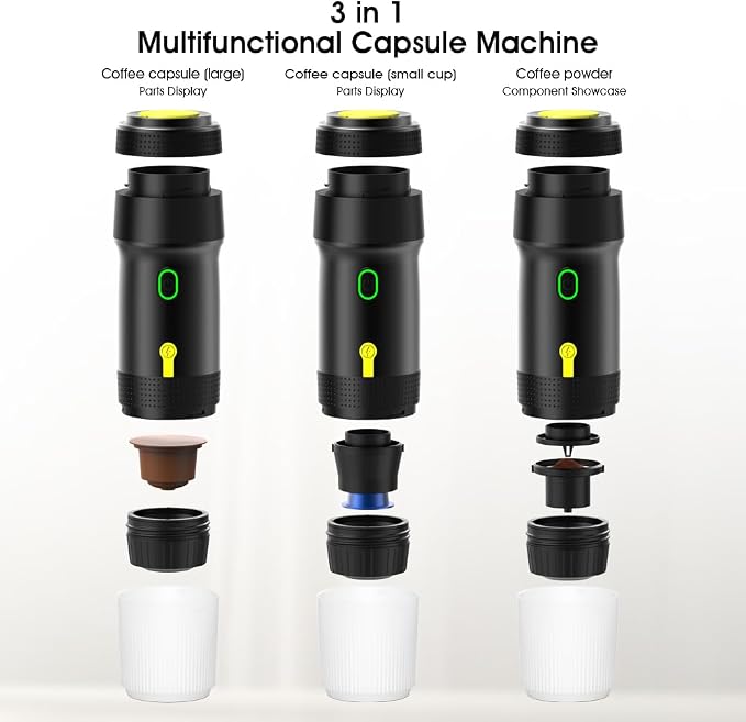 Portable Espresso Maker, 20 Bar Pressure Small Coffee Machine, Rechargeable Battery Operated Mini Coffee Maker for Pods or Grounds, Includes Car Charger, for Hot & Iced Coffee (White)