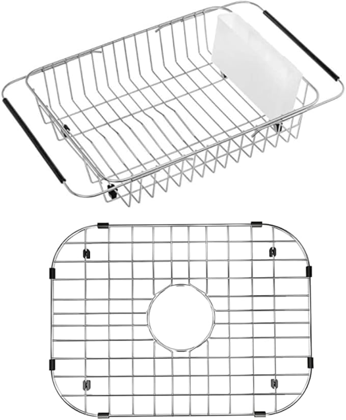 SANNO Dish Drying Rack, Expandable Dish Drainer Over Sink Kitchen Sink Grate Stainless Steel Sink Protector