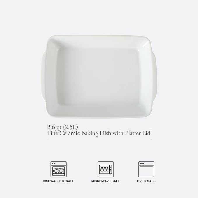 Gibson Home Gracious Dining 2.6-Qt White Stoneware Covered Baking Dish w/Multi-Purpose Lid – 12.7" x 9" Rectangular Oven Safe Casserole, Lasagna & Roasting Baker, Lid Doubles as Serveware or Trivet