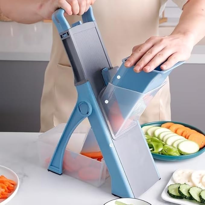 Safe Mandoline Slicer for Kitchen, Adjustable Vegetable Cutter with Container, 40+ Cuts No Blade Change, 0.1-8mm Thickness, Stainless Steel Blades for Potato, Onion & Salad (Blue)