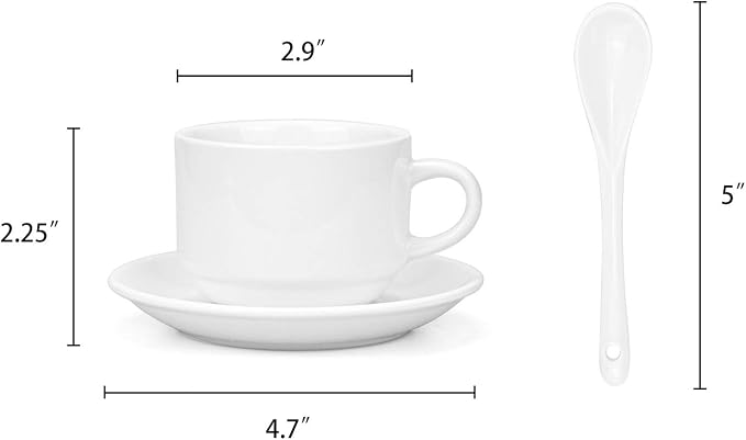 Hedume 6 Pack 5 OZ Espresso Cups with Saucers and Spoons, Stackable Espresso Coffee Cup Set for Specialty Coffee Drinks, Latte, Cafe Mocha and Tea - Safe for Dishwasher, Microwave, Oven and Freezer