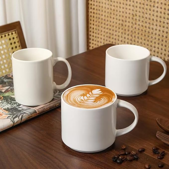 15 OZ Stackable Coffee Mugs Set, Ceramic Coffee Cups with morandi color for Au Lait, Cappuccino,Latte,Cafe,Mocha,Tea, Suit Party Housewarming Wedding, Set of 4, Dishwasher&Microwave Safe, White