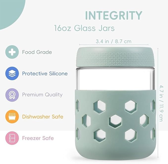6-Pack Mason Jars with Silicone Sleeves, Airtight Food-Safe Containers with Lids, Leak-Proof Meal Prep Jars for Oats, Yogurt, Snacks