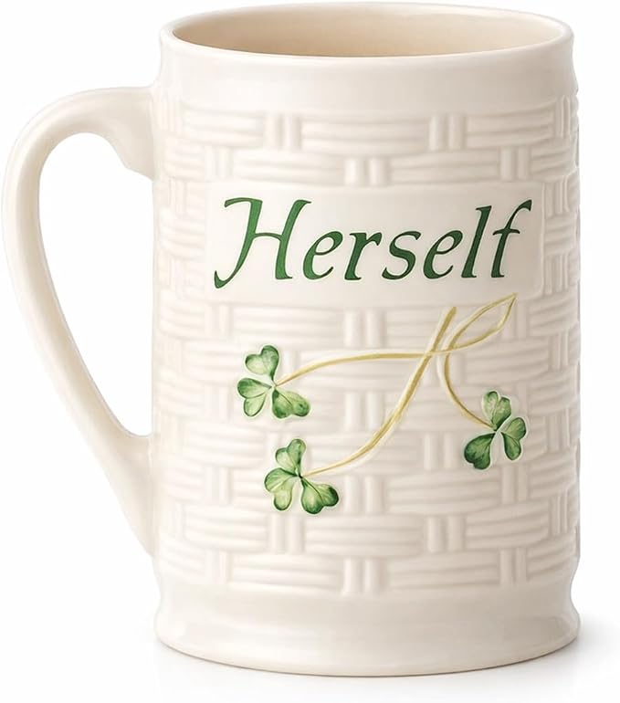 Belleek Classic Herself 12 oz Irish Coffee Mug, Handcrafted Microwave Safe Parian China Cup, Shamrock Decor, White