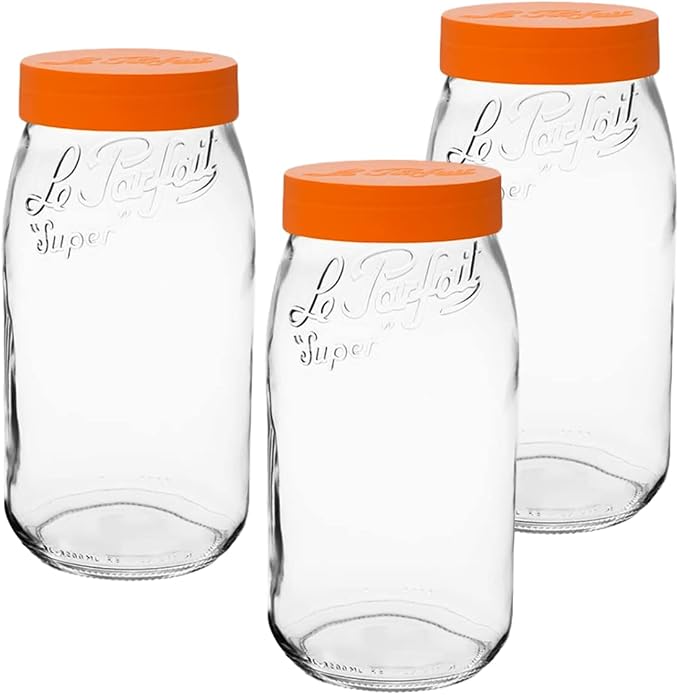 Le Parfait Eco-Friendly Zero Waste Wide Mouth Glass Jar with Airtight Screw Top Lid - Reusable French Storage Jar for Food, Soup, Flour, Sugar, Canning & Baking (3L/96oz, 1 Pack, Orange)