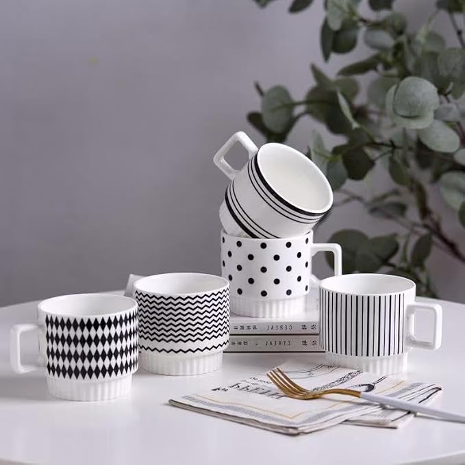 Stackable Coffee Mugs Set of 2, Simple Geometric Patterns Coffee Mug, 12oz Tea Cup Set, Espresso Cups, Stacked Mug Set for Household Party Housewarming Gift（1）
