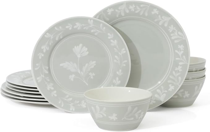 Martha Stewart Dinnerware Set - Maiden Crown 12-Piece Dish Set, Sage Green – New Bone China Ceramic Plates & Bowls – Floral Design – Service for 4 – Microwave & Dishwasher Safe