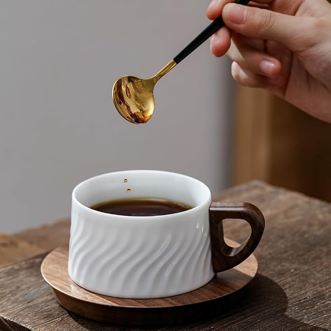 5oz/150ml Cappuccino Cup and Saucer Set, White Porcelain Cup with Walnut Wood Saucer, Espresso Coffee Mug, set of 1 (SYJ-TC002)